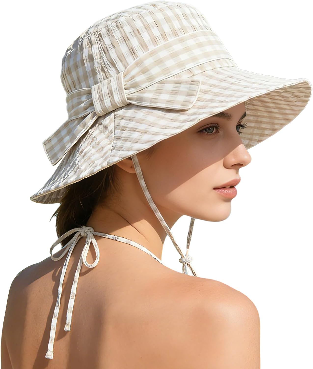 Women's Summer Plaid Sun Hat 100% Cotton Beach UV Protection Fishing Hat