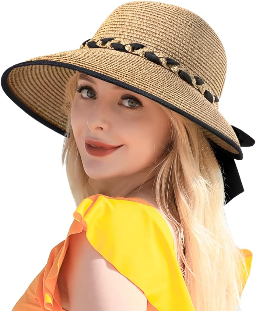 Beach Sun Straw Hats for Women. UPF 50+ UV Sun Protection Wide Brim Summer Straw Hat Foldable Packable Roll up Cap