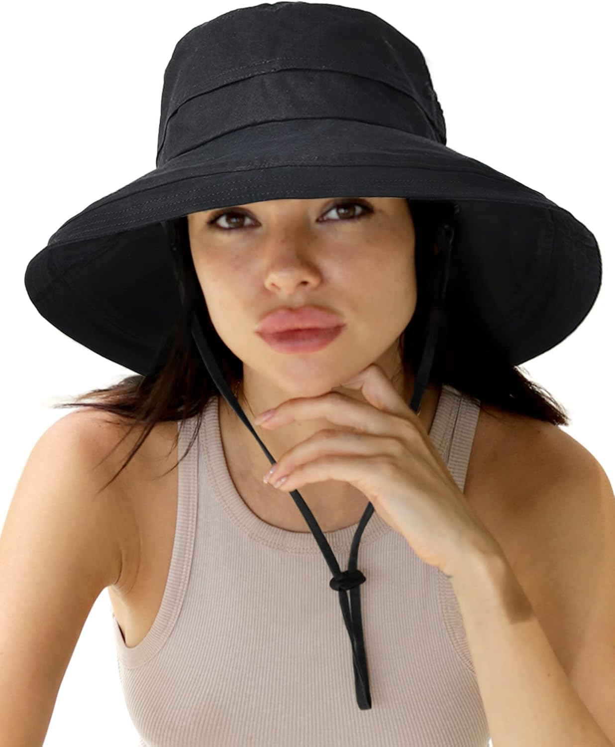 Sun Hats for Women Gardening Hat Wide Brim Ponytail Beach Sun Protection Breathable Cotton Summer Hat with Fold-Up Brim