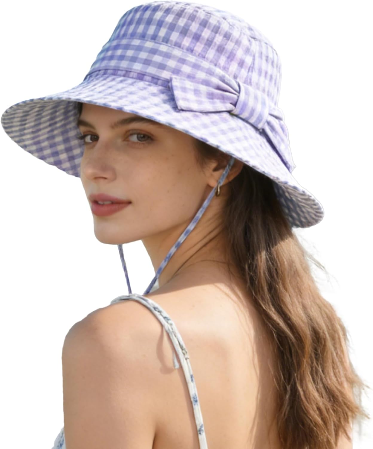 Women's Summer Plaid Sun Hat 100% Cotton Beach UV Protection Fishing Hat