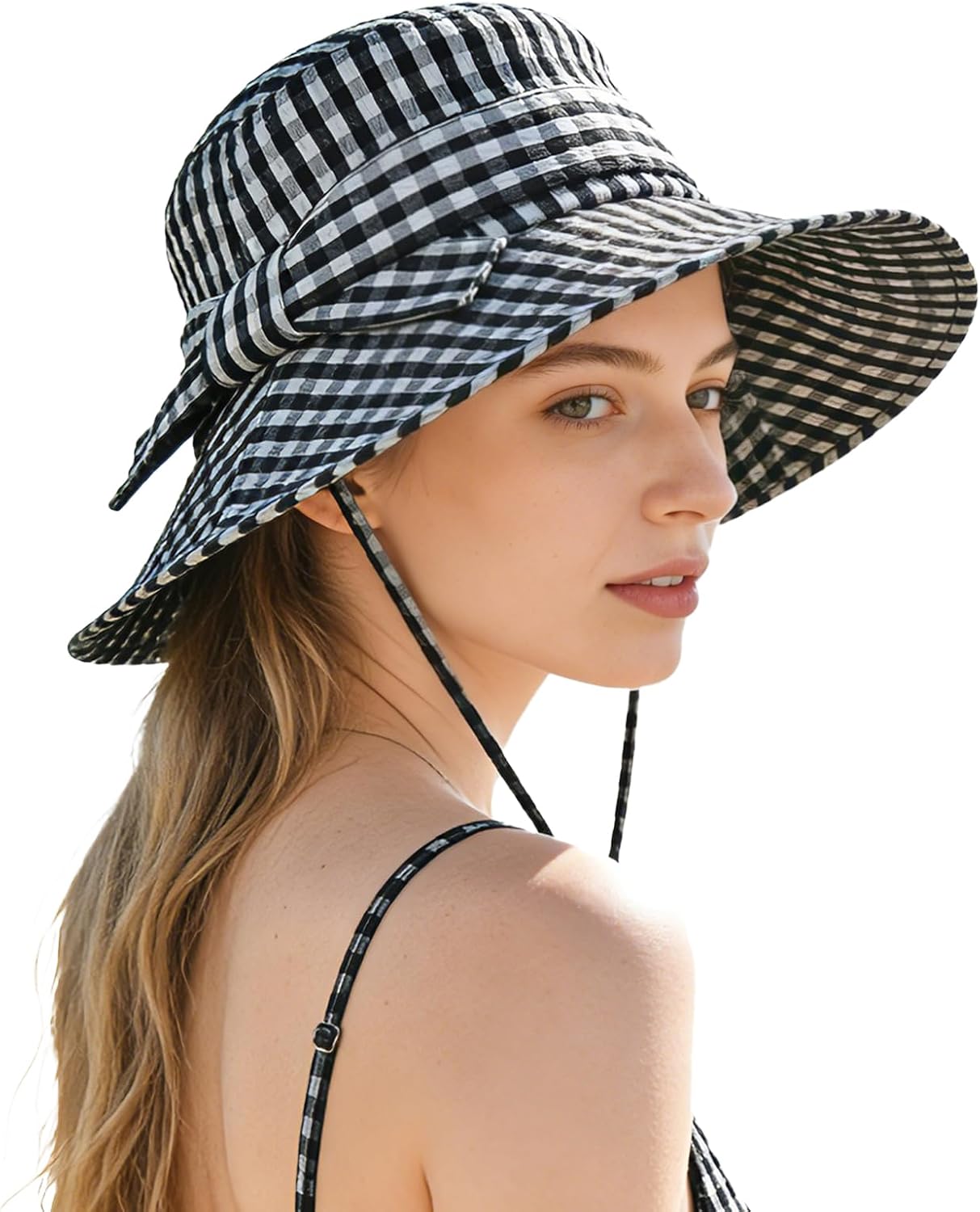 Women's Summer Plaid Sun Hat 100% Cotton Beach UV Protection Fishing Hat