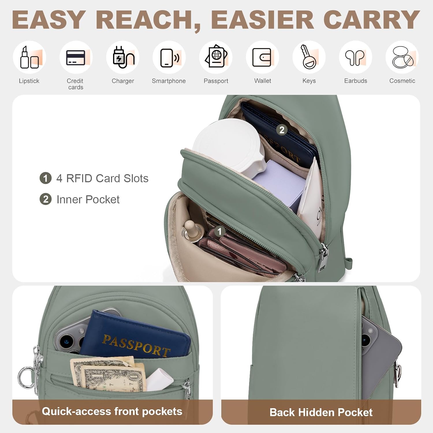 Sling Bag for Women. Anti-Theft RFID Crossbody Bag Nylon Sling Purse for Travel. Puffy Small backpack for Daily Hiking Sports Green