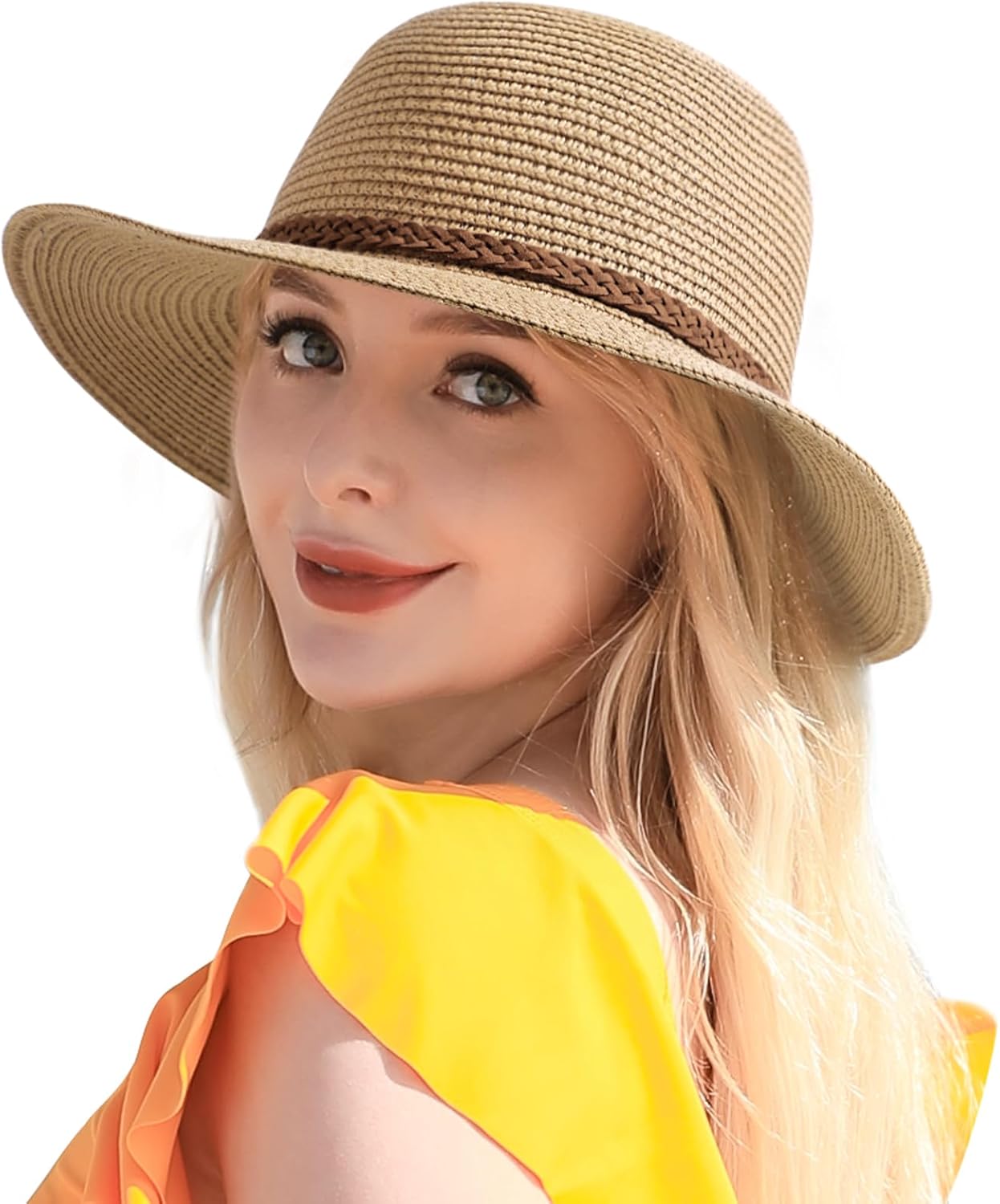 Beach Sun Hats for Women - Wide Brim Straw Womens Summer Hat with Wind Lanyard Roll Up. Foldable Beach Hat UV Protection