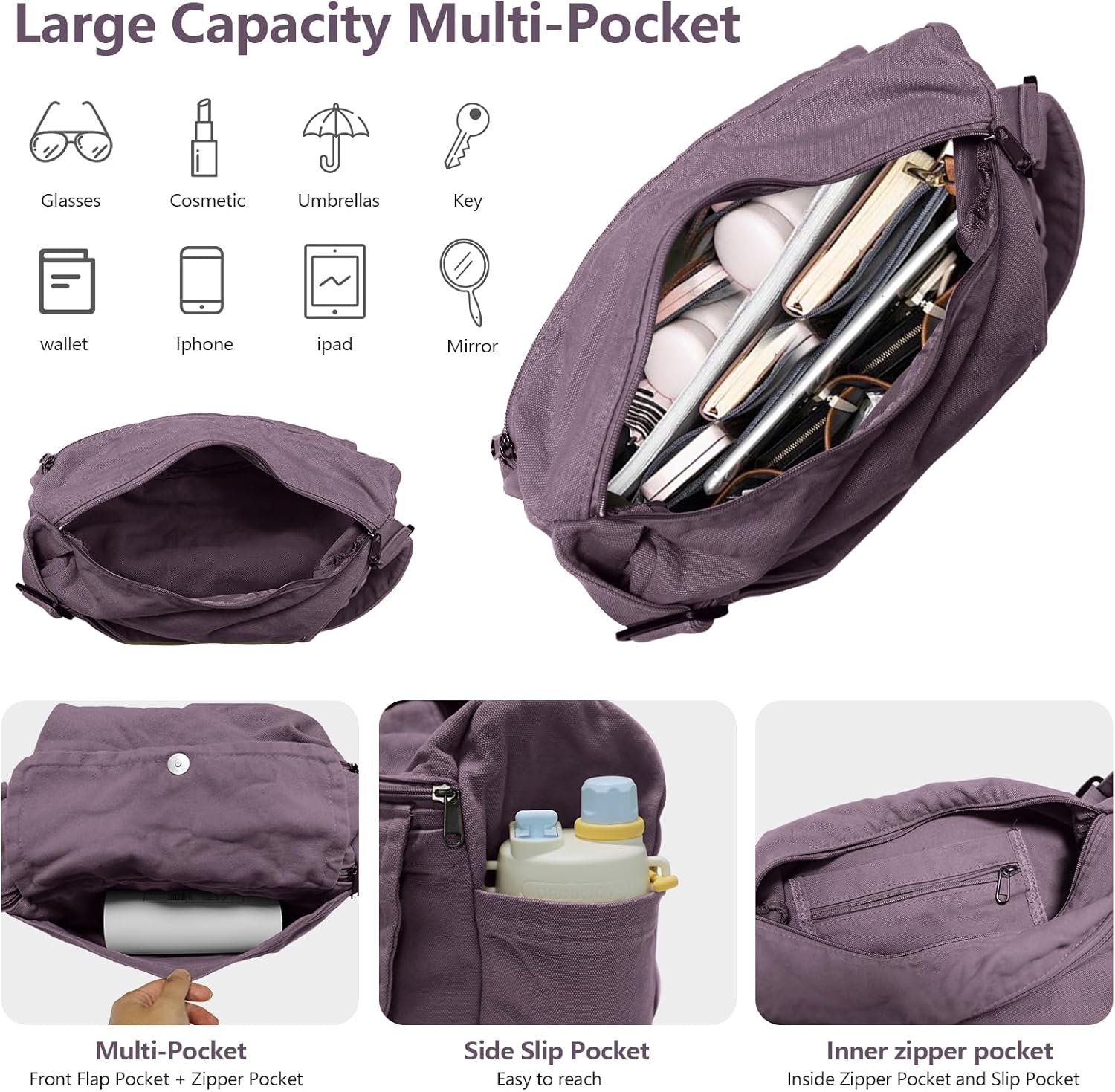 Canvas Messenger Bag for Women Men Crossbody Tote Bag with Multiple Pockets Vintage Satchel