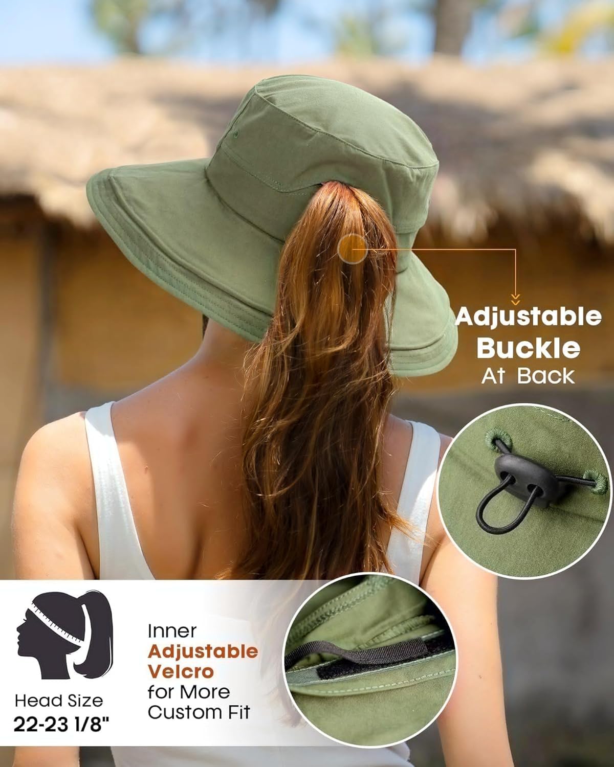 Sun Hats for Women Gardening Hat Wide Brim Ponytail Beach Sun Protection Breathable Cotton Summer Hat with Fold-Up Brim