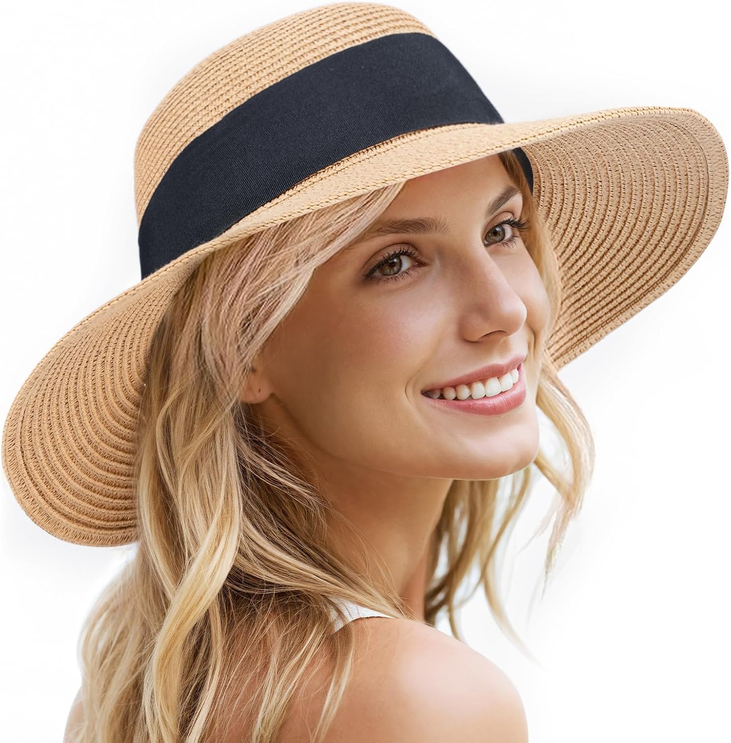 Beach Sun Hats for Women - Wide Brim Straw Womens Summer Hat with Wind Lanyard Roll Up. Foldable Beach Hat UV Protection