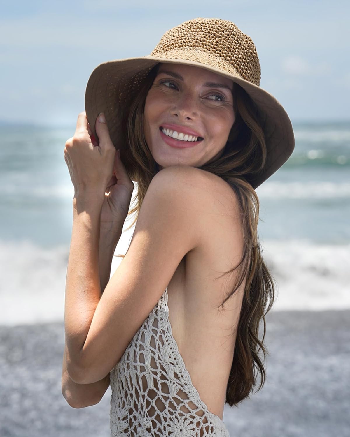 Summer Straw Beach Sun Hats for Women UPF 50 Floppy Wide Brim Travel Bucket Hat Foldable Packable