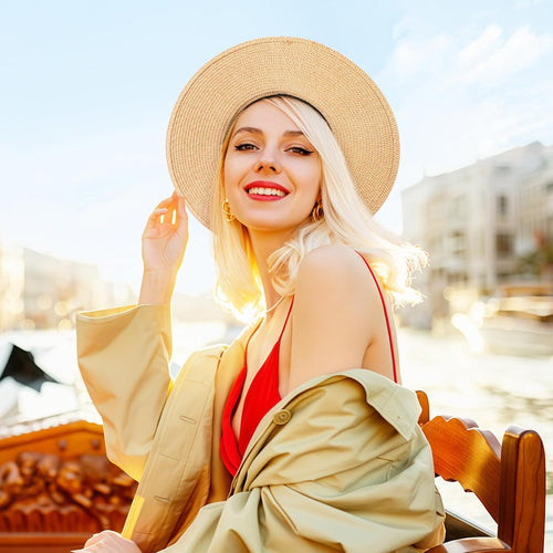 Beach Sun Hats for Women - Wide Brim Straw Womens Summer Hat with Wind Lanyard Roll Up. Foldable Beach Hat UV Protection