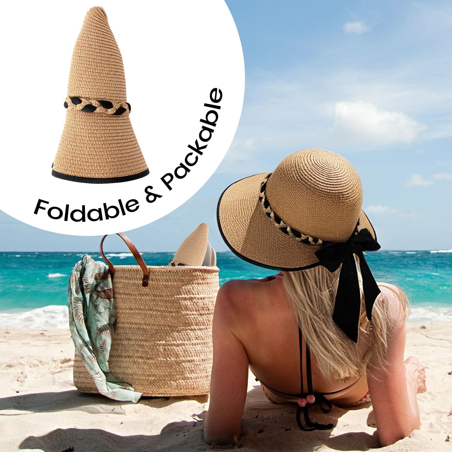 Beach Sun Straw Hats for Women. UPF 50+ UV Sun Protection Wide Brim Summer Straw Hat Foldable Packable Roll up Cap