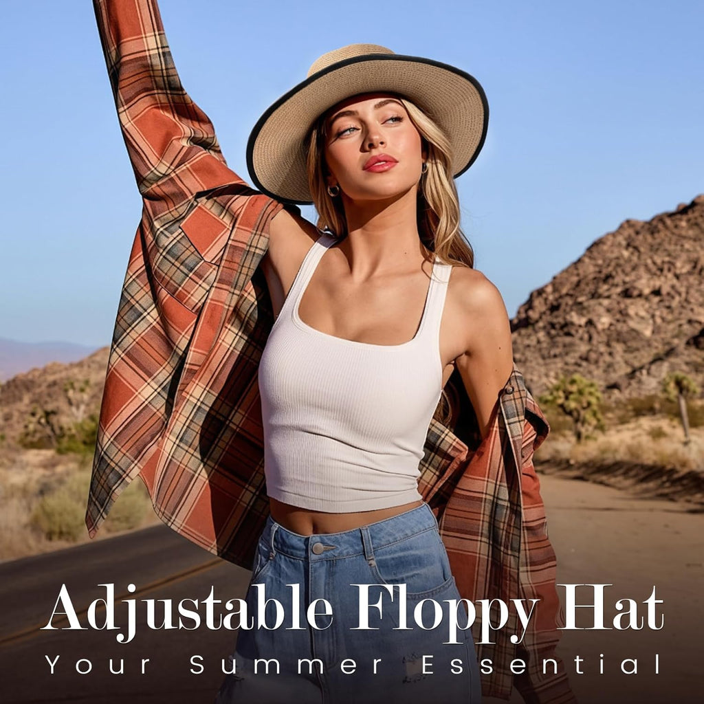 Beach Sun Straw Hats for Women. UPF 50+ UV Sun Protection Wide Brim Summer Straw Hat Foldable Packable Roll up Cap