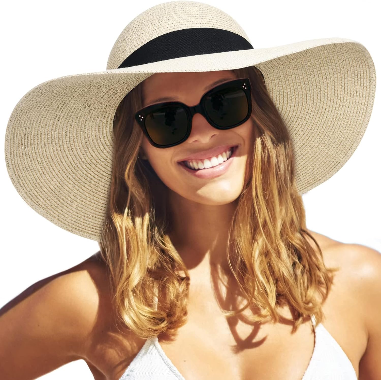 Womens Sun Straw Hat Wide Brim UPF 80 Summer Hat Foldable Packable Floppy Beach Hats for Women