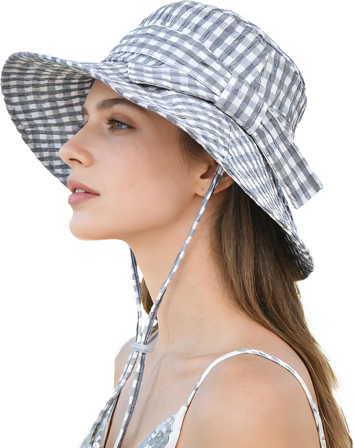 Women's Summer Plaid Sun Hat 100% Cotton Beach UV Protection Fishing Hat