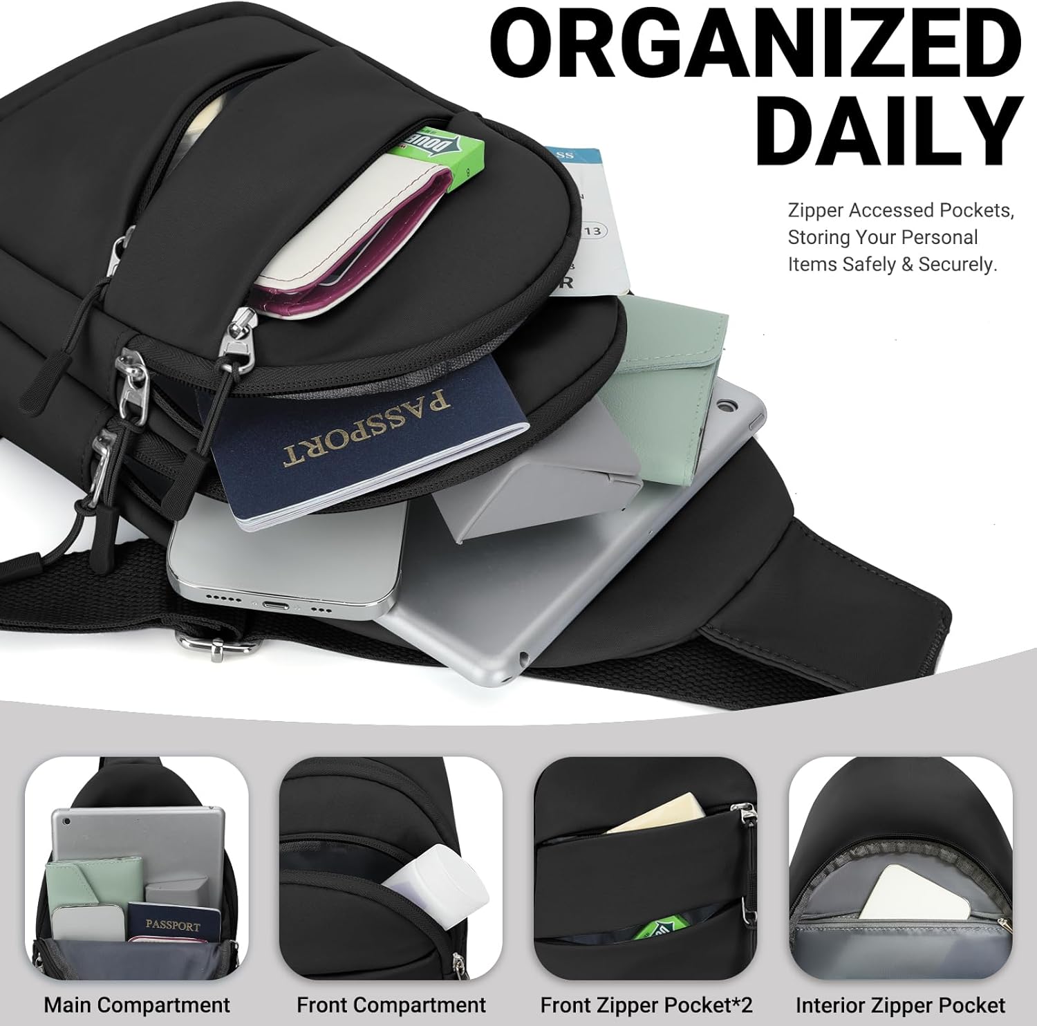 Crossbody Bags for Women. Sling Bag for Men. Small Hiking Backpack Anti Theft Lightweight for Outdoors Travel (M. Black)