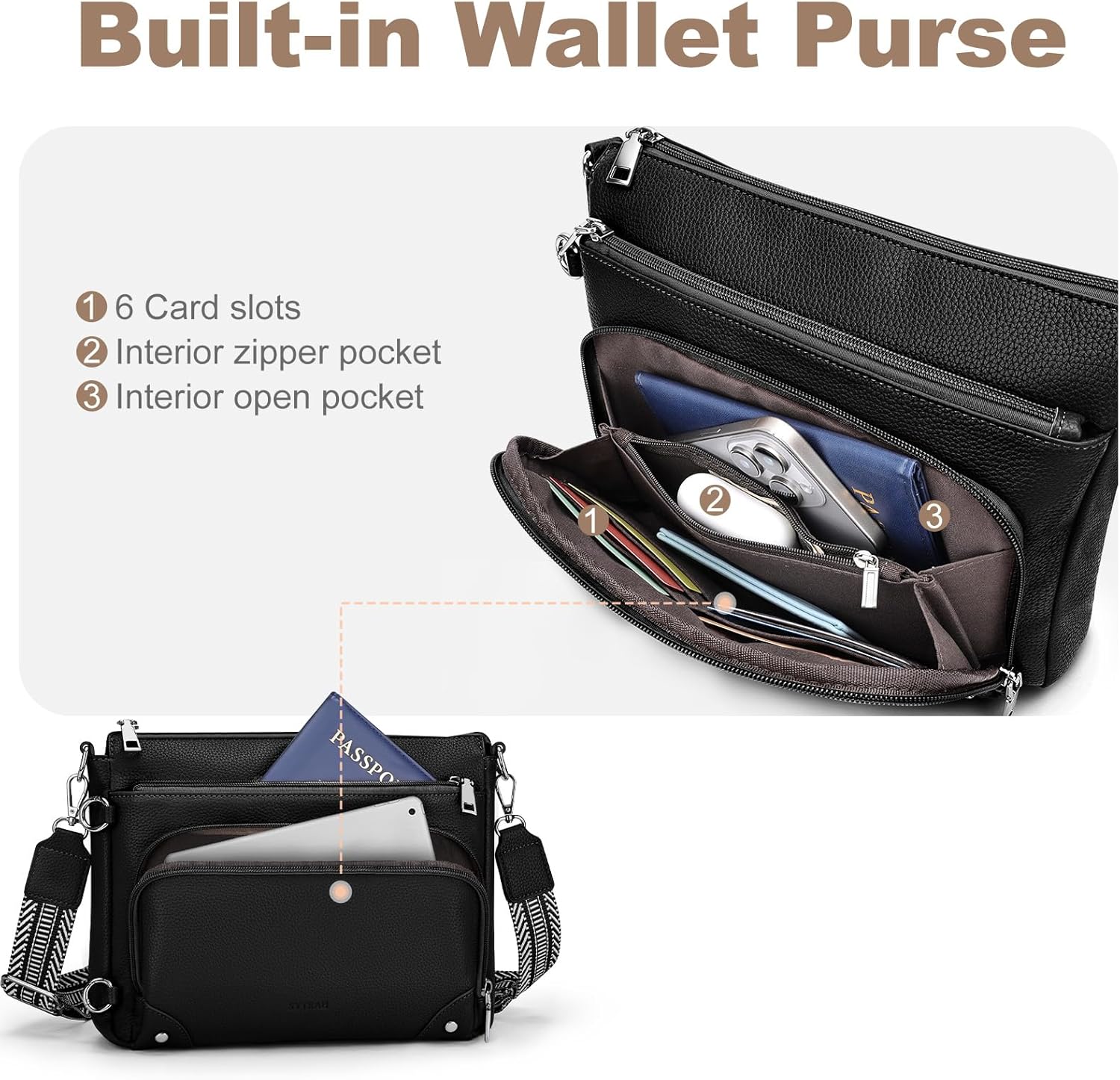 Anti-Theft Crossbody Purse for Women. Crossbody Shoulder Bag with Built-in Wallet & RFID Blocking for Travel Workout