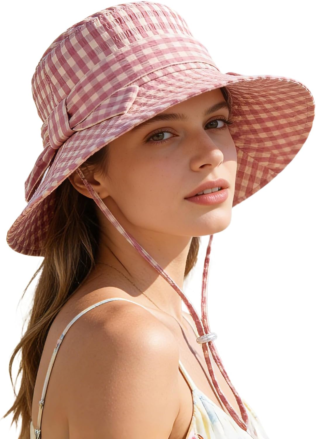 Women's Summer Plaid Sun Hat 100% Cotton Beach UV Protection Fishing Hat