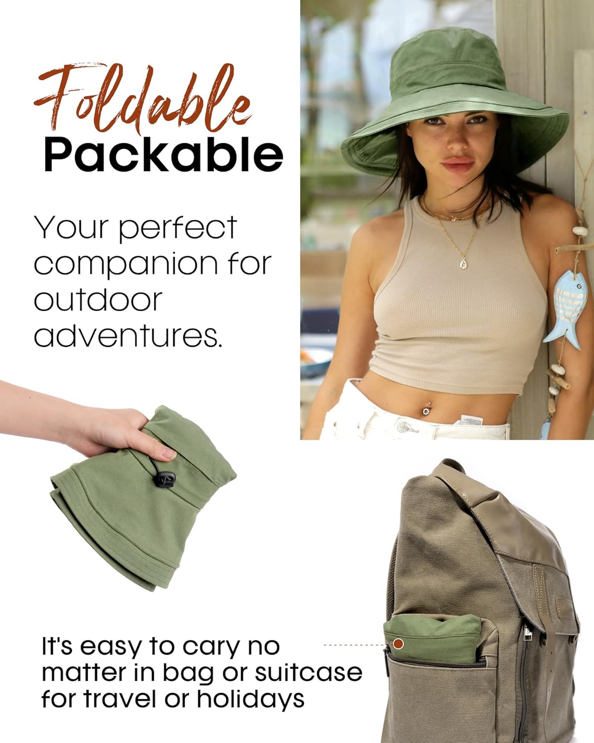 Sun Hats for Women Gardening Hat Wide Brim Ponytail Beach Sun Protection Breathable Cotton Summer Hat with Fold-Up Brim