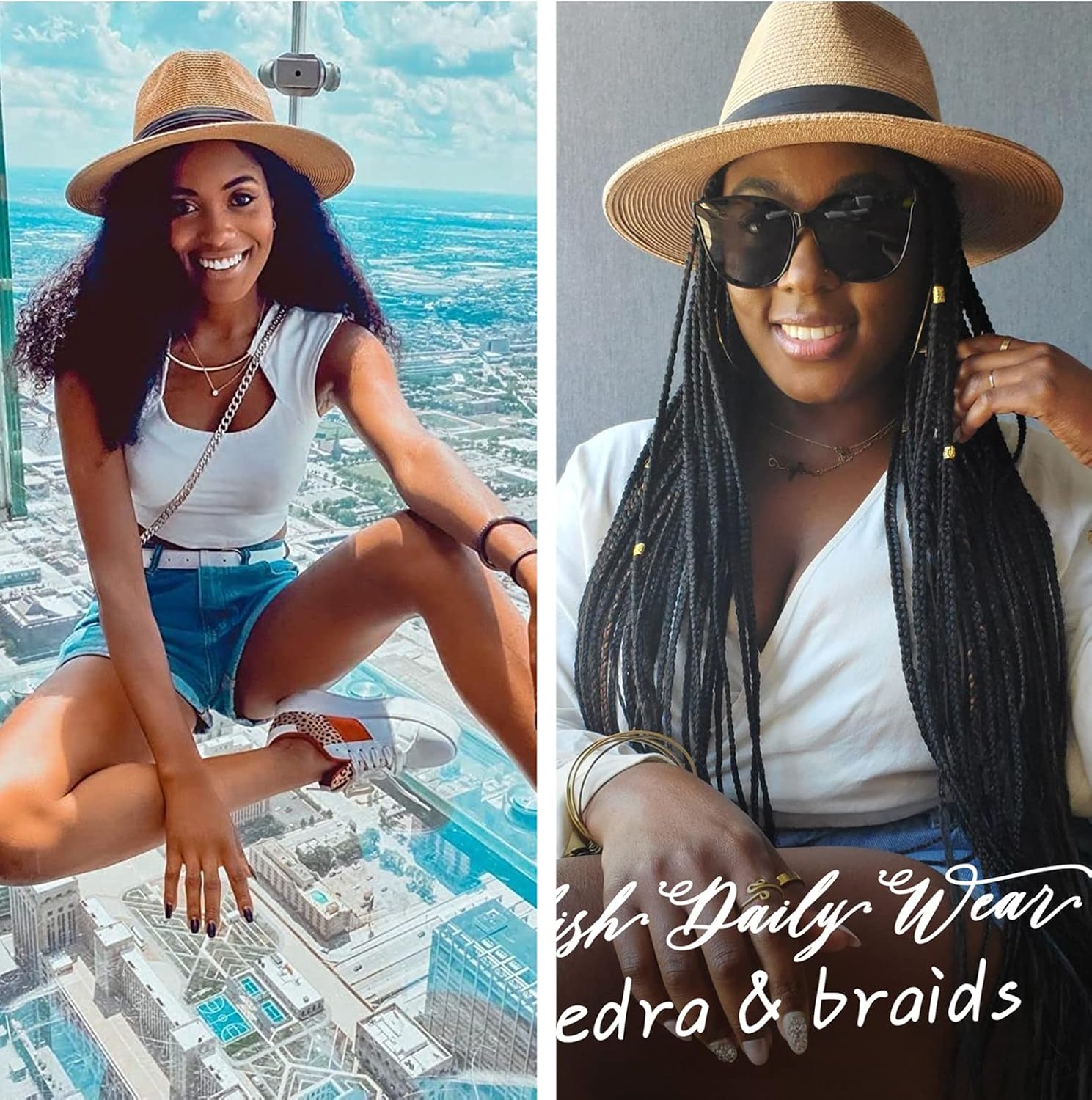 Womens Mens Wide Brim Straw Panama Hat Fedora Summer Beach Sun Hats UPF Straw Hat for Women