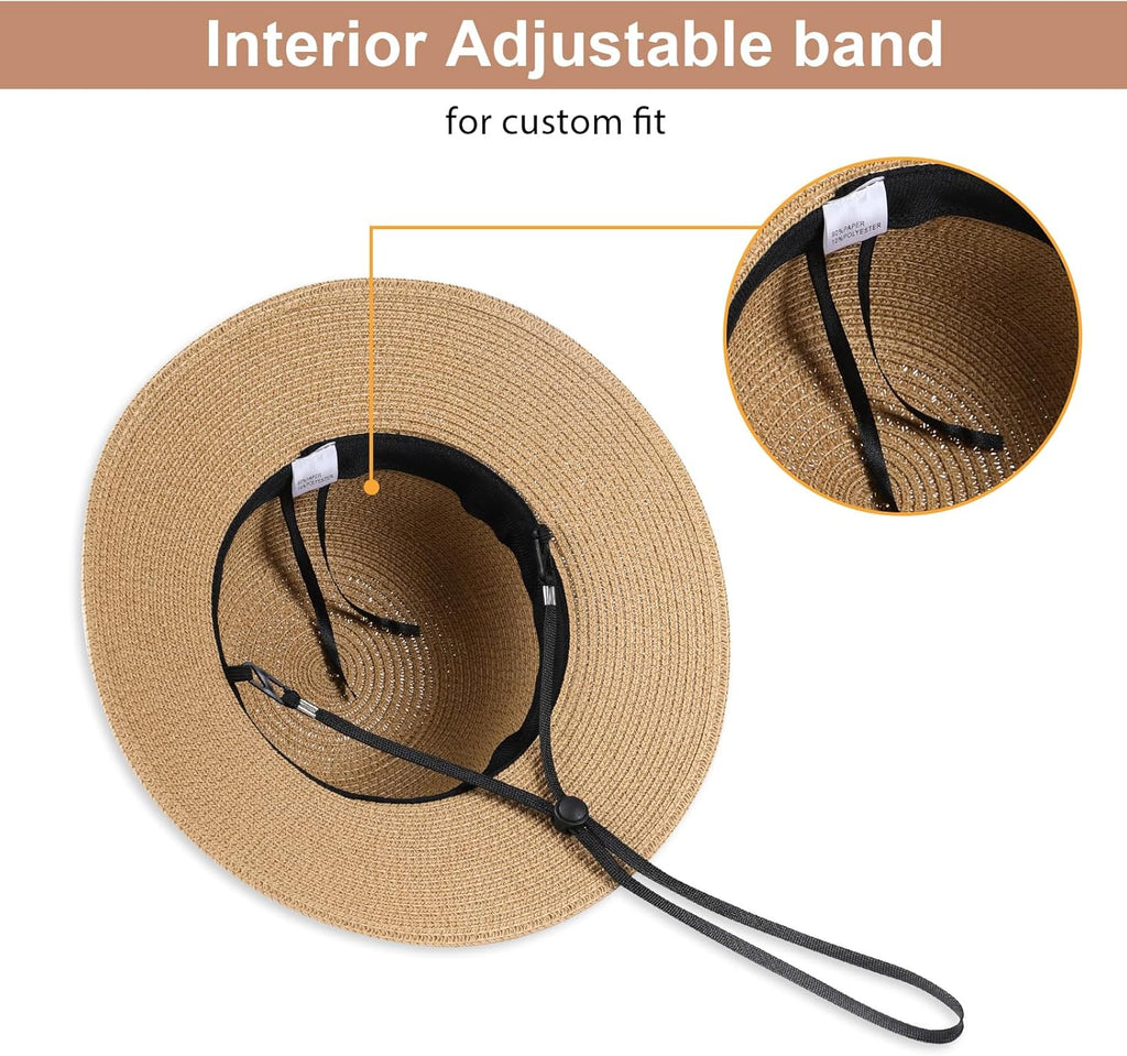 Beach Sun Hats for Women - Wide Brim Straw Womens Summer Hat with Wind Lanyard Roll Up. Foldable Beach Hat UV Protection