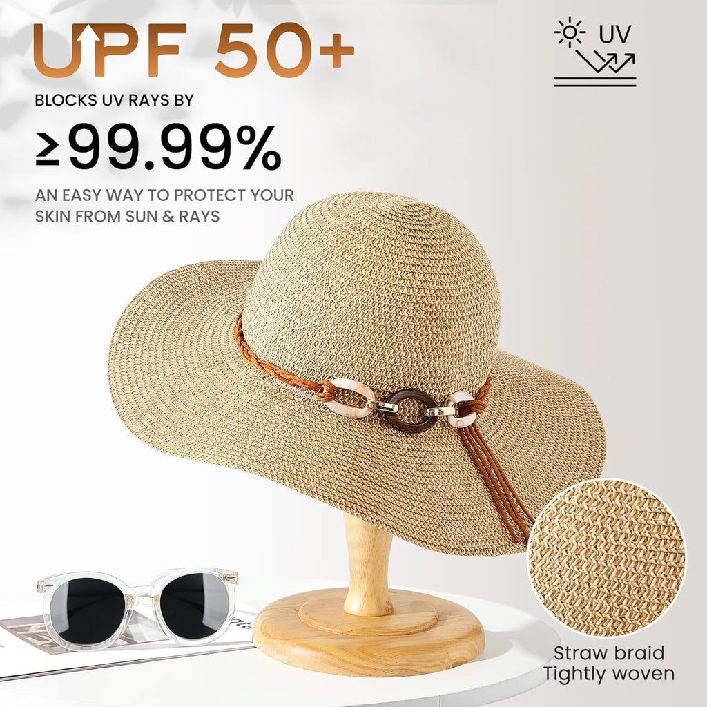 Beach Sun Hats for Women - Wide Brim Straw Womens Summer Hat with Wind Lanyard Roll Up. Foldable Beach Hat UV Protection