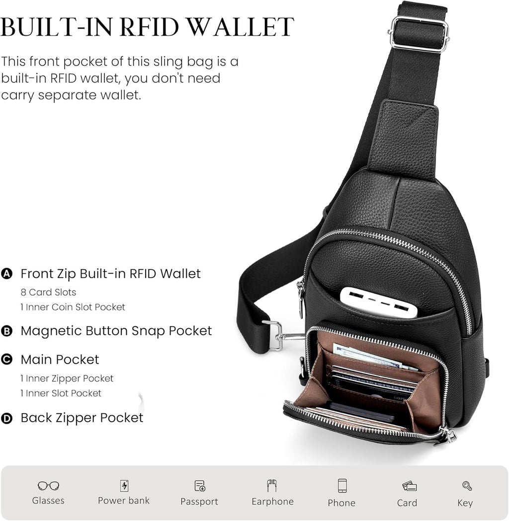Genuine Leather Small Crossbody Sling Bags for Women Anti-Theft Fanny Packs Chest Bags Purse with Built in RFID Wallet