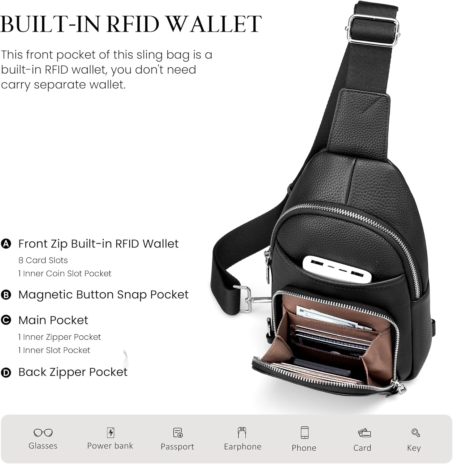 Genuine Leather Small Crossbody Sling Bags for Women Anti-Theft Fanny Packs Chest Bags Purse with Built in RFID Wallet