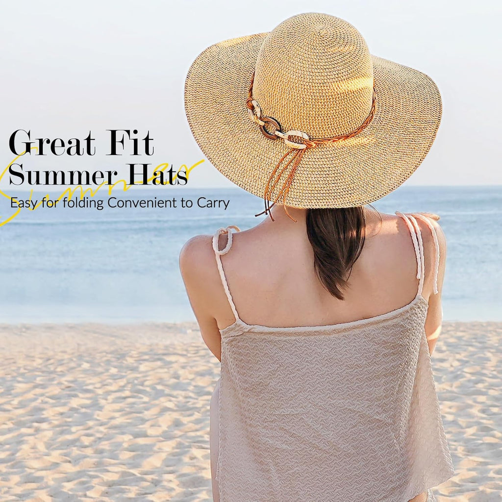 Beach Sun Hats for Women - Wide Brim Straw Womens Summer Hat with Wind Lanyard Roll Up. Foldable Beach Hat UV Protection