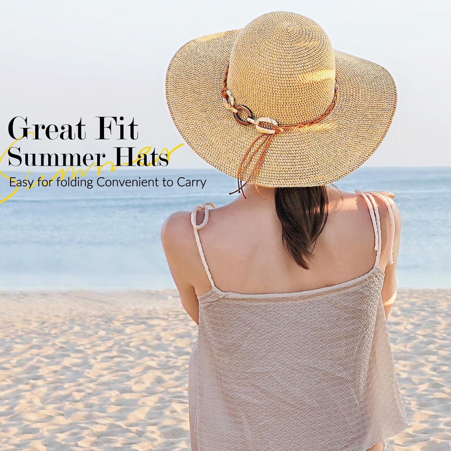 Beach Sun Hats for Women - Wide Brim Straw Womens Summer Hat with Wind Lanyard Roll Up. Foldable Beach Hat UV Protection