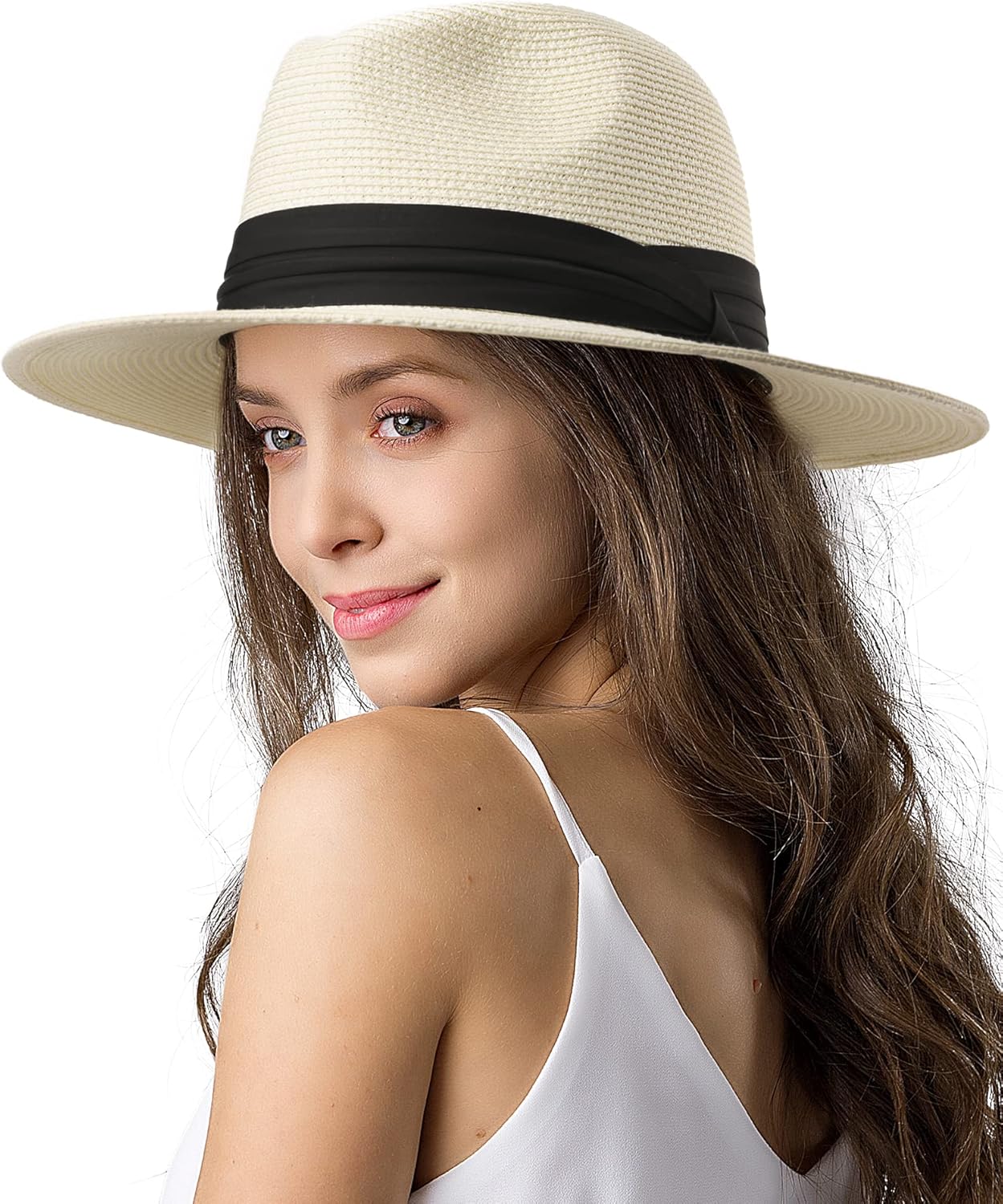 Womens Mens Wide Brim Straw Panama Hat Fedora Summer Beach Sun Hats UPF Straw Hat for Women