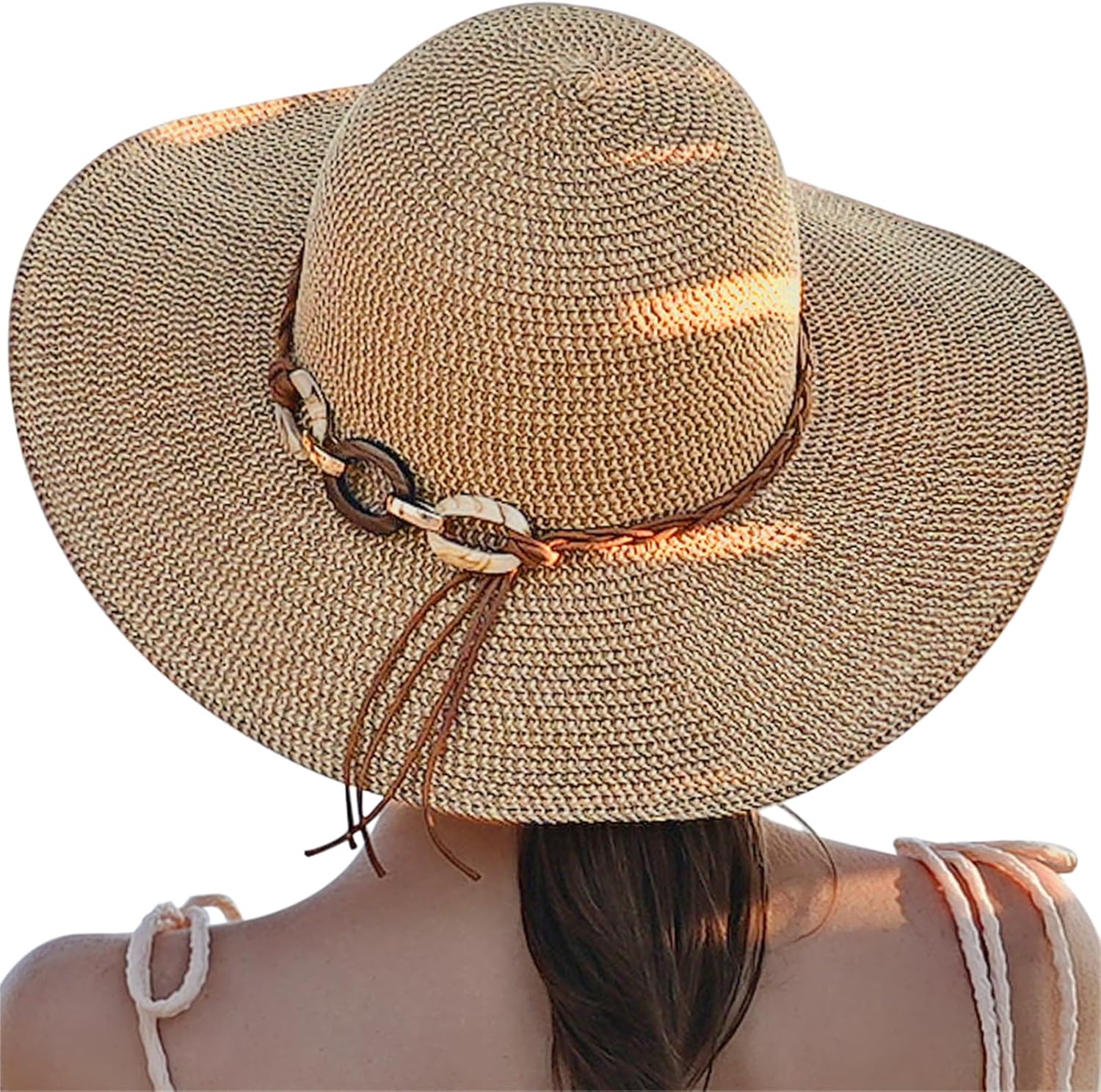 Beach Sun Hats for Women - Wide Brim Straw Womens Summer Hat with Wind Lanyard Roll Up. Foldable Beach Hat UV Protection