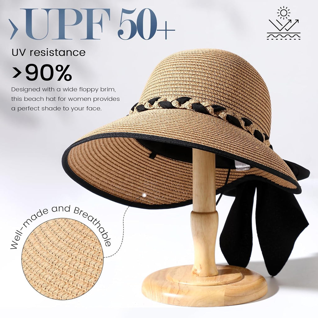 Beach Sun Straw Hats for Women. UPF 50+ UV Sun Protection Wide Brim Summer Straw Hat Foldable Packable Roll up Cap