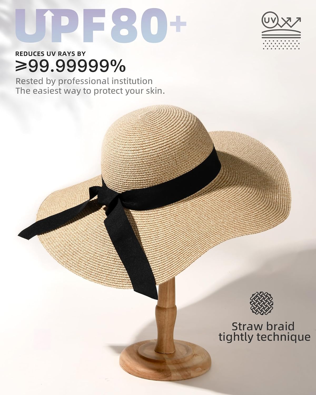 Womens Sun Straw Hat Wide Brim UPF 80 Summer Hat Foldable Packable Floppy Beach Hats for Women