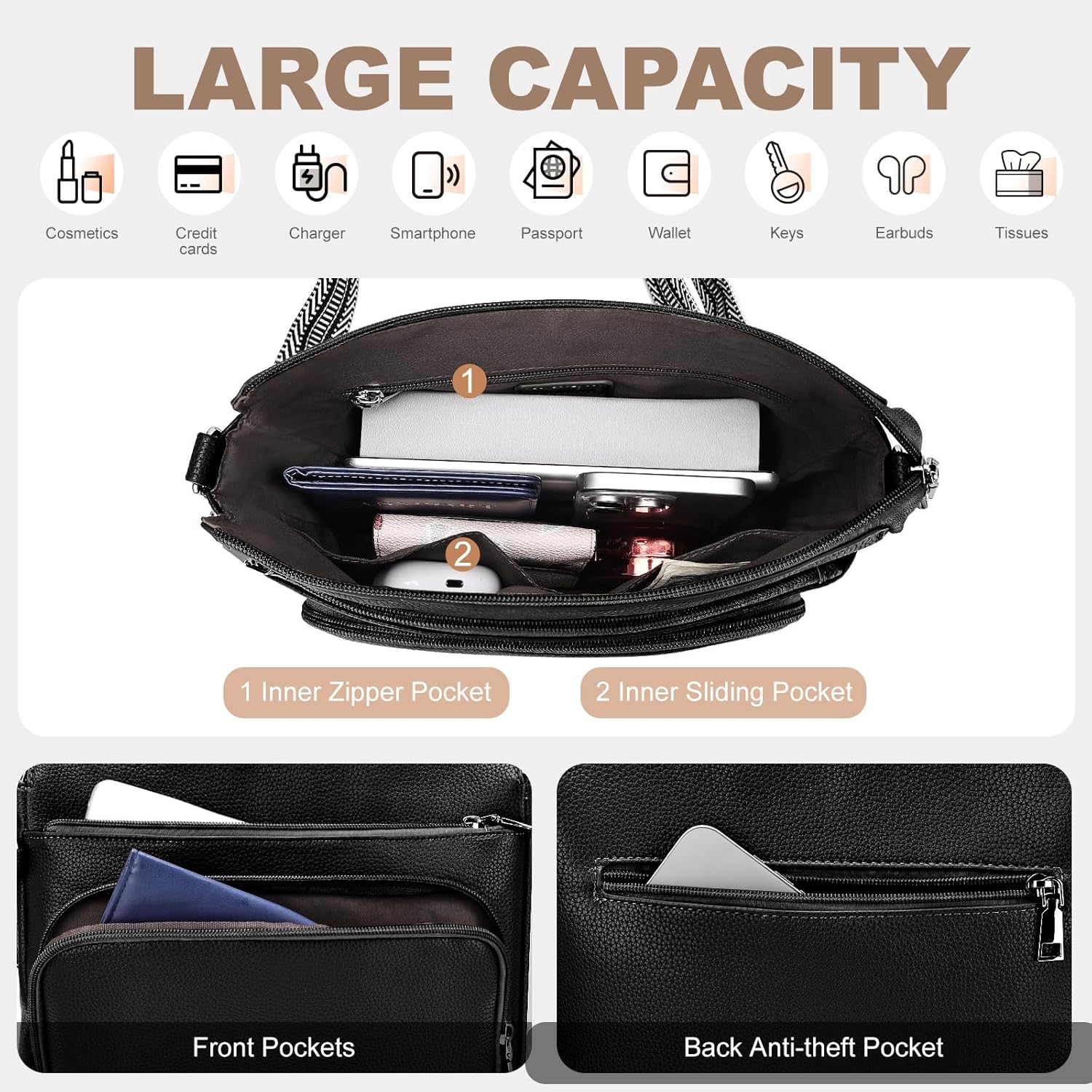 Anti-Theft Crossbody Purse for Women. Crossbody Shoulder Bag with Built-in Wallet & RFID Blocking for Travel Workout