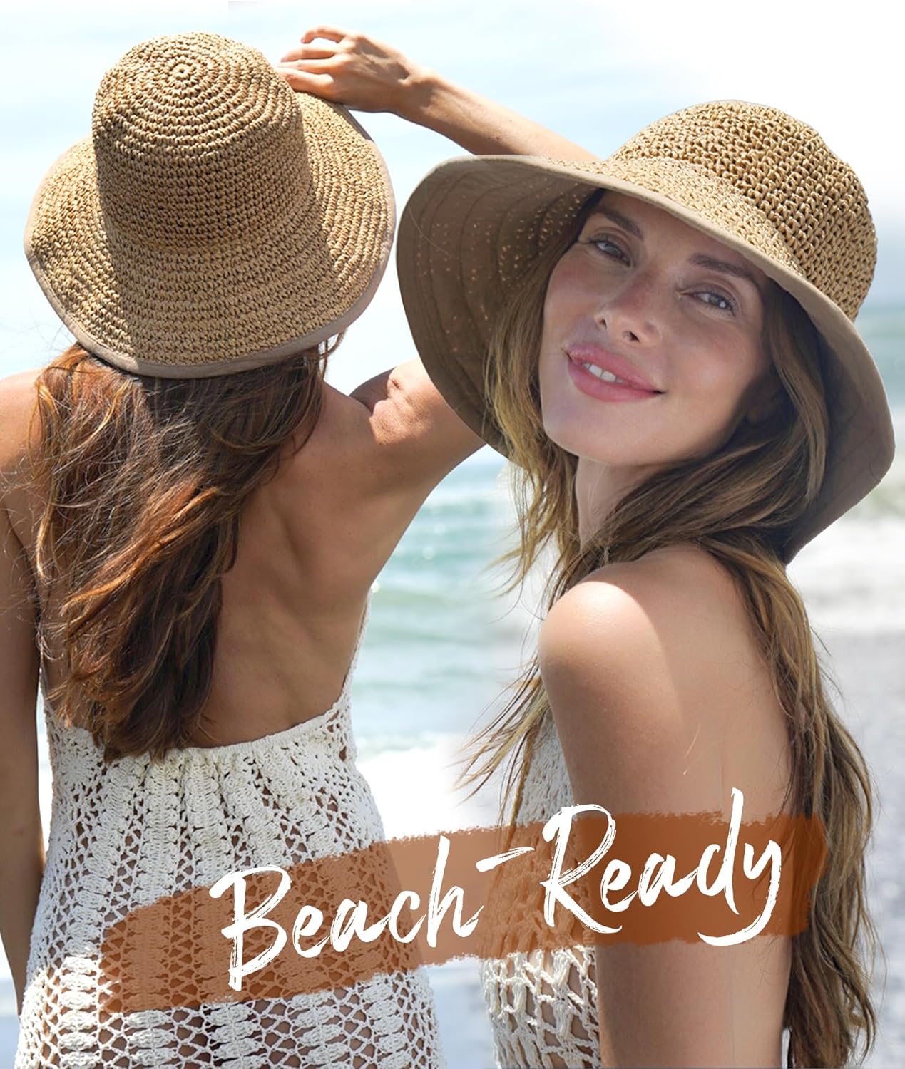 Summer Straw Beach Sun Hats for Women UPF 50 Floppy Wide Brim Travel Bucket Hat Foldable Packable